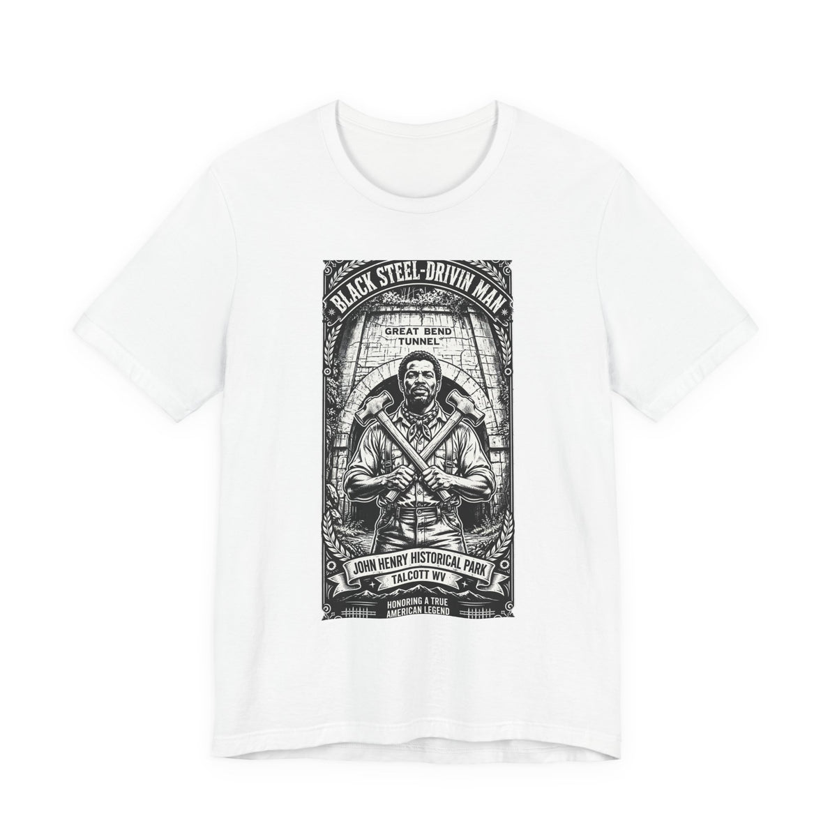 John Henry Historical Park-Black Steel Drivin’Man-Great Bend Tunnel Talcott WV-Unisex Jersey Short Sleeve Tee.